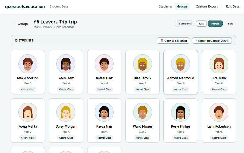Student data search and presentation view
